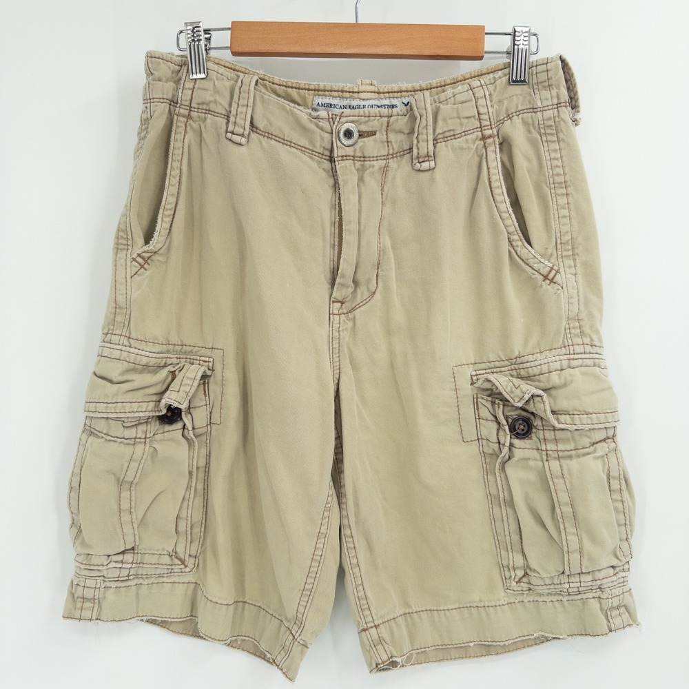 Y2K American Eagle Cargo Shorts Mens 30 Khaki Thrashed Grunge Gorpcore Skater